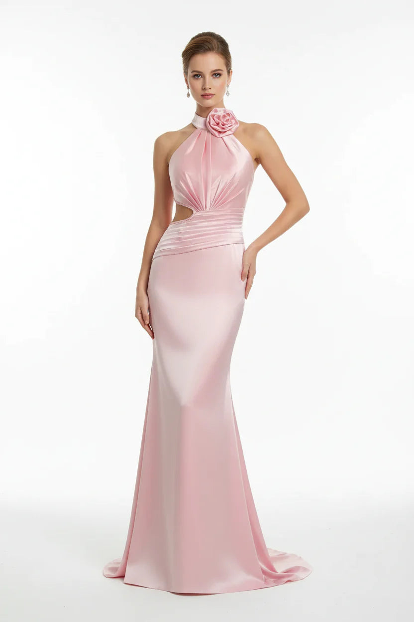Mermaid Prom Dress Halter Neck Satin Pink With 3D Rose Ruched Bodice Cutout Glam Beaded Trim For Prom Night