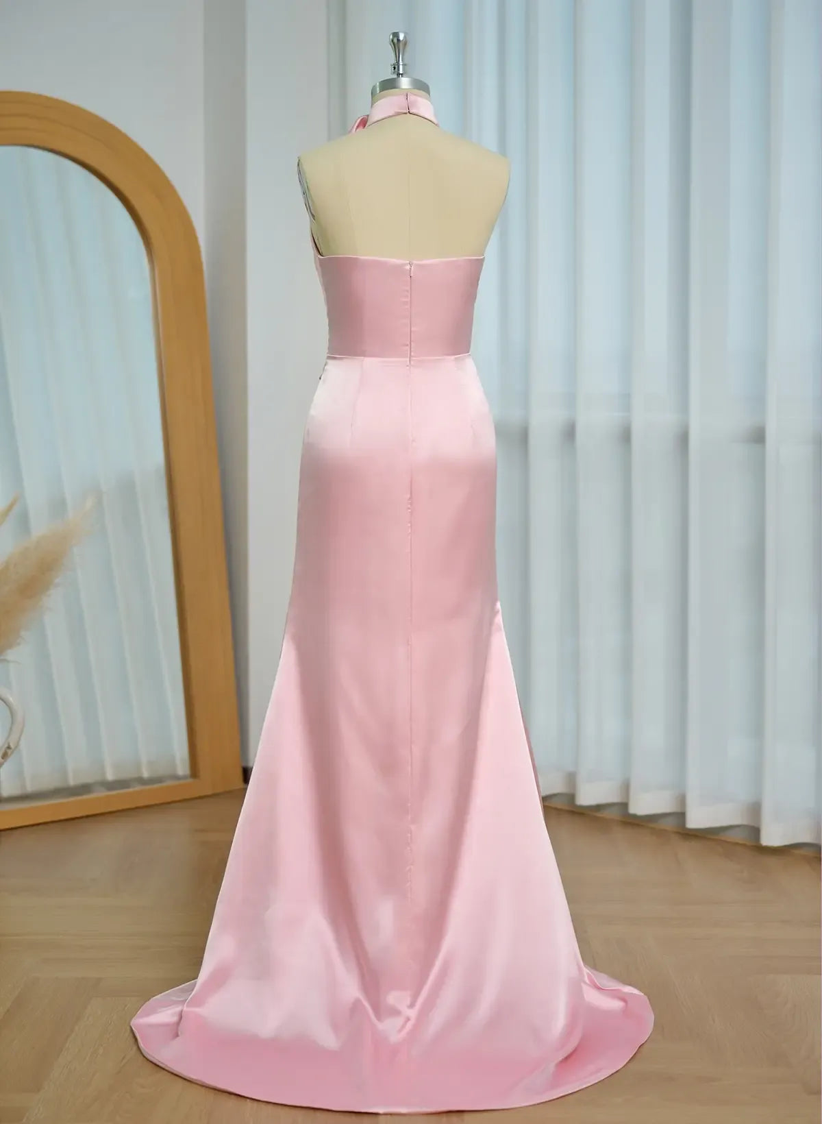 Mermaid Prom Dress Halter Neck Satin Pink With 3D Rose Ruched Bodice Cutout Glam Beaded Trim For Prom Night
