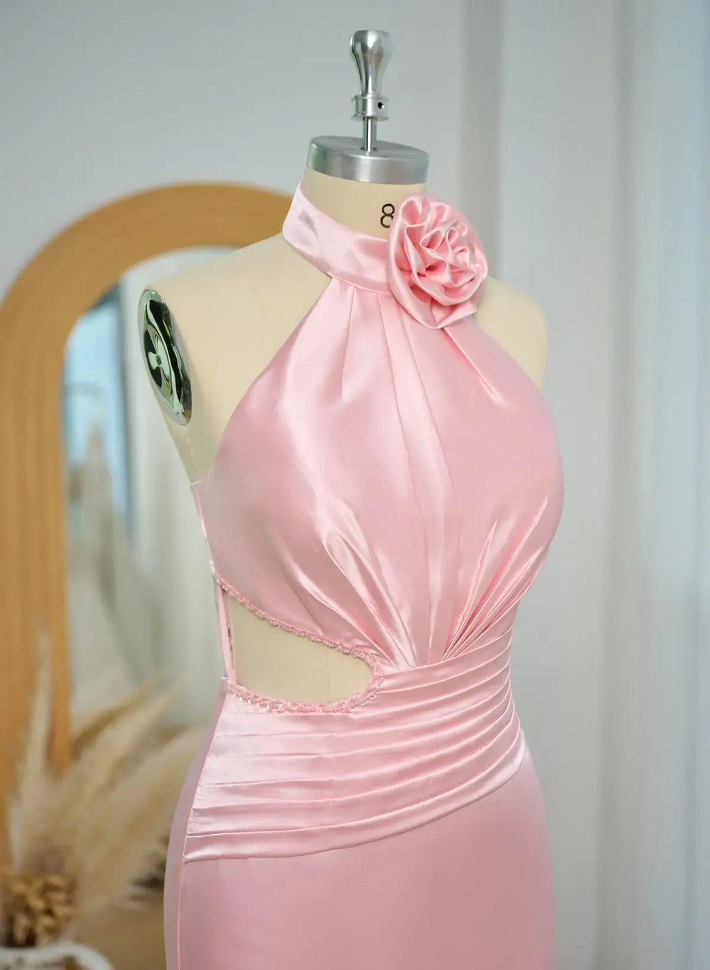Mermaid Prom Dress Halter Neck Satin Pink With 3D Rose Ruched Bodice Cutout Glam Beaded Trim For Prom Night