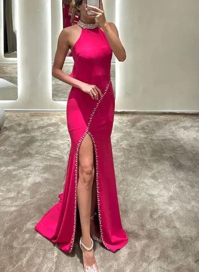Mermaid Prom Dress With Rhinestones Halter Neck Cutout Back High Slit Perfect For Prom Goers