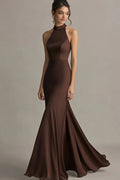 Elegant Mermaid Halter Sleeveless Satin Brown Floor Length Prom Dress
