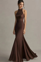 Elegant Mermaid Halter Sleeveless Satin Brown Floor Length Prom Dress