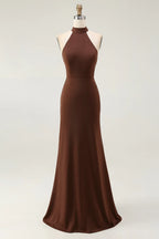 Elegant Mermaid Halter Sleeveless Satin Brown Floor Length Prom Dress
