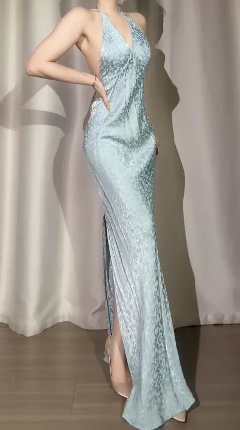 Mermaid Prom Dress Satin Light Blue Halter Neck Open Back Self Tie For Prom Night Luxurious Gown