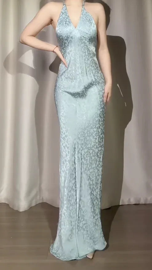 Mermaid Prom Dress Satin Light Blue Halter Neck Open Back Self Tie For Prom Night Luxurious Gown