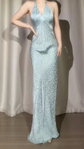 Mermaid Prom Dress Satin Light Blue Halter Neck Open Back Self Tie For Prom Night Luxurious Gown
