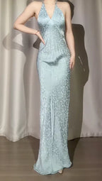 Mermaid Prom Dress Satin Light Blue Halter Neck Open Back Self Tie For Prom Night Luxurious Gown