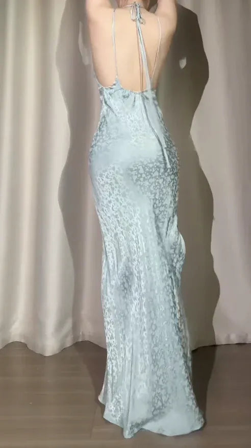 Mermaid Prom Dress Satin Light Blue Halter Neck Open Back Self Tie For Prom Night Luxurious Gown