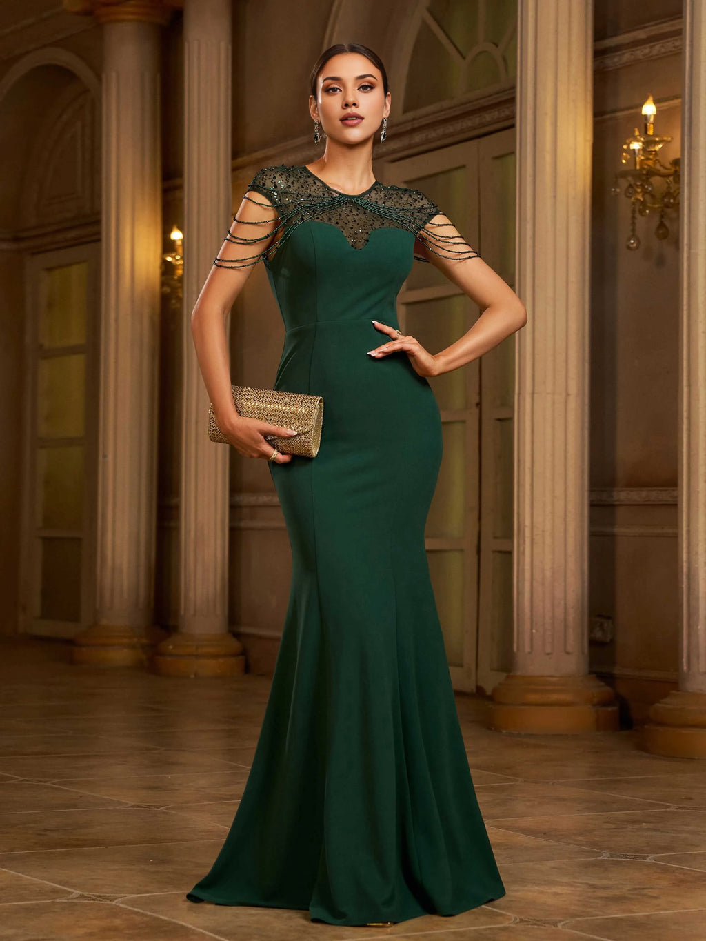 Mermaid High Neck Cap Sleeve Zipper Up Sweep/Brush Train Prom Dress