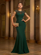 Mermaid High Neck Cap Sleeve Zipper Up Sweep/Brush Train Prom Dress