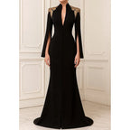 Elegant Mermaid High Neck Long Sleeve Applique Black Floor Length Evening Dress For Sale