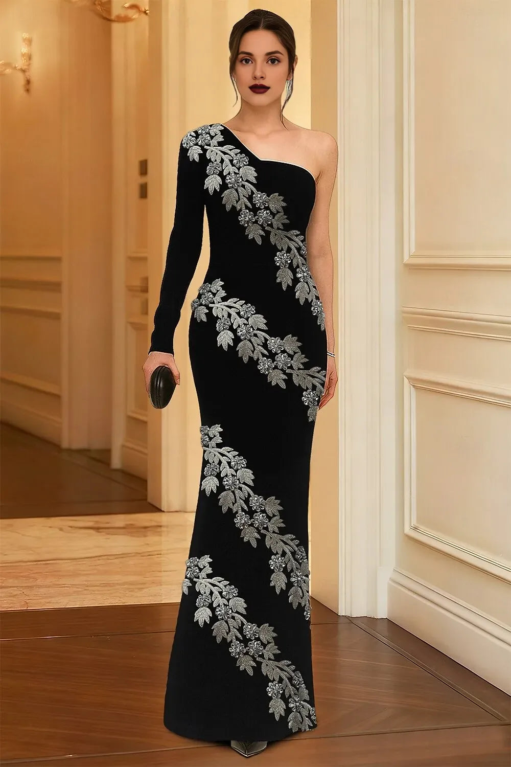 Mermaid Long Sleeve One Shoulder Appliques Floor-Length Mother Of The Bride Dress