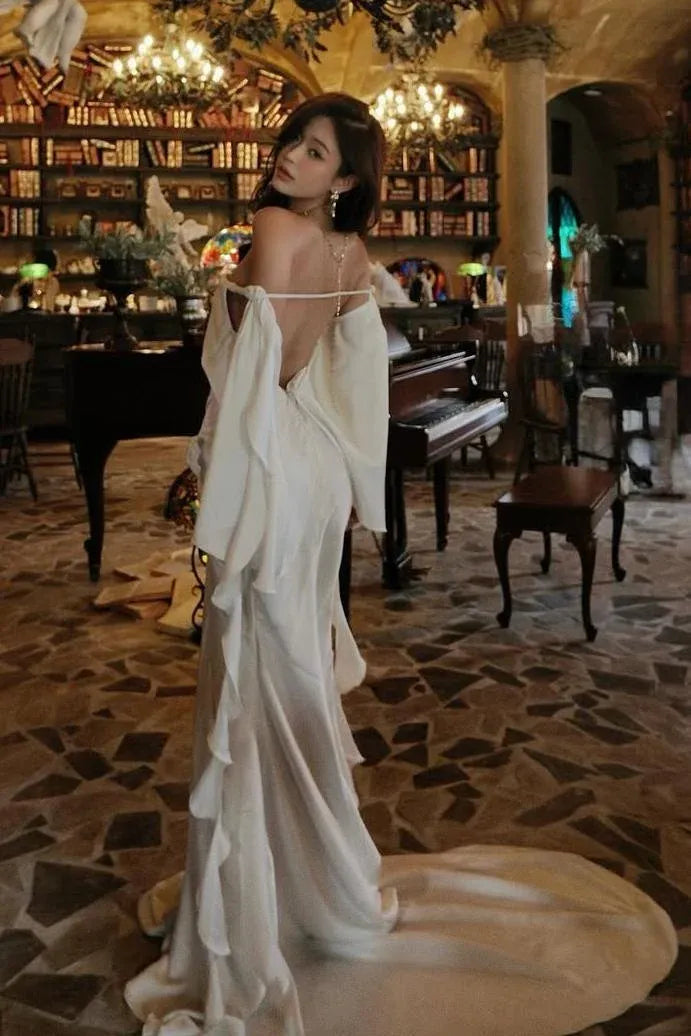 Mermaid Prom Dress Off Shoulder With Train Bow Draped Details Elegant White Gown For Prom Night
