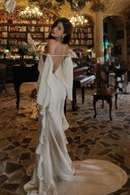 Mermaid Prom Dress Off Shoulder With Train Bow Draped Details Elegant White Gown For Prom Night