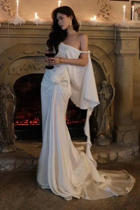 Mermaid Prom Dress Off Shoulder With Train Bow Draped Details Elegant White Gown For Prom Night