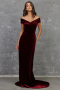 Elegant Mermaid Velvet Prom Dress Burgundy Off Shoulder With Floor Length Train For Women