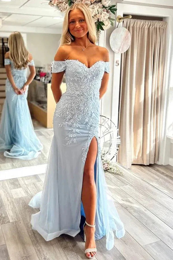 Mermaid Off-the-Shoulder Appliques Slit Prom Gown