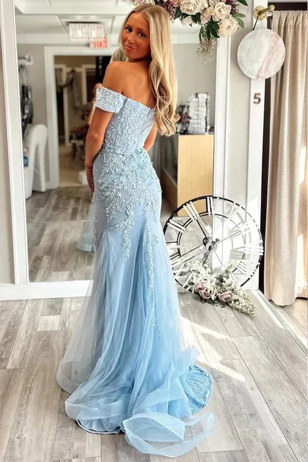Mermaid Off-the-Shoulder Appliques Slit Prom Gown