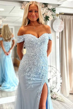 Mermaid Off-the-Shoulder Appliques Slit Prom Gown