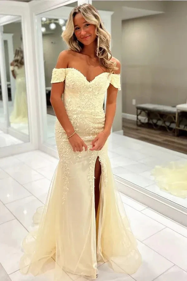 Mermaid Off-the-Shoulder Appliques Slit Prom Gown