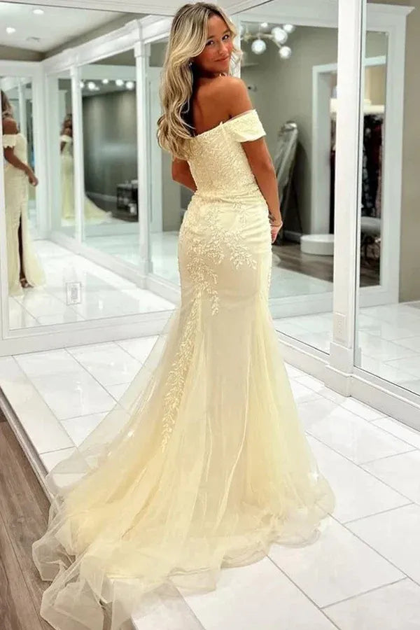 Mermaid Off-the-Shoulder Appliques Slit Prom Gown