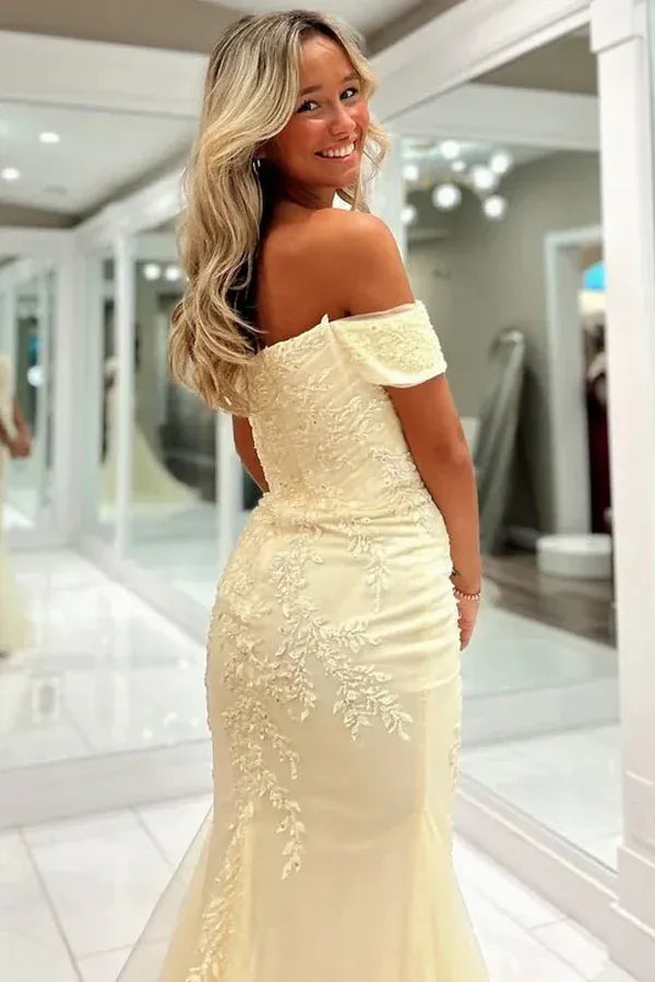 Mermaid Off-the-Shoulder Appliques Slit Prom Gown