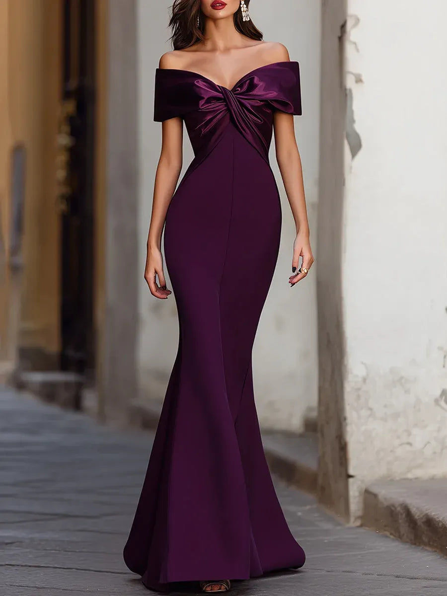 Glamorous Mermaid Satin Prom Dress With Off Shoulder Bow Ruched Silhouette For Prom Night