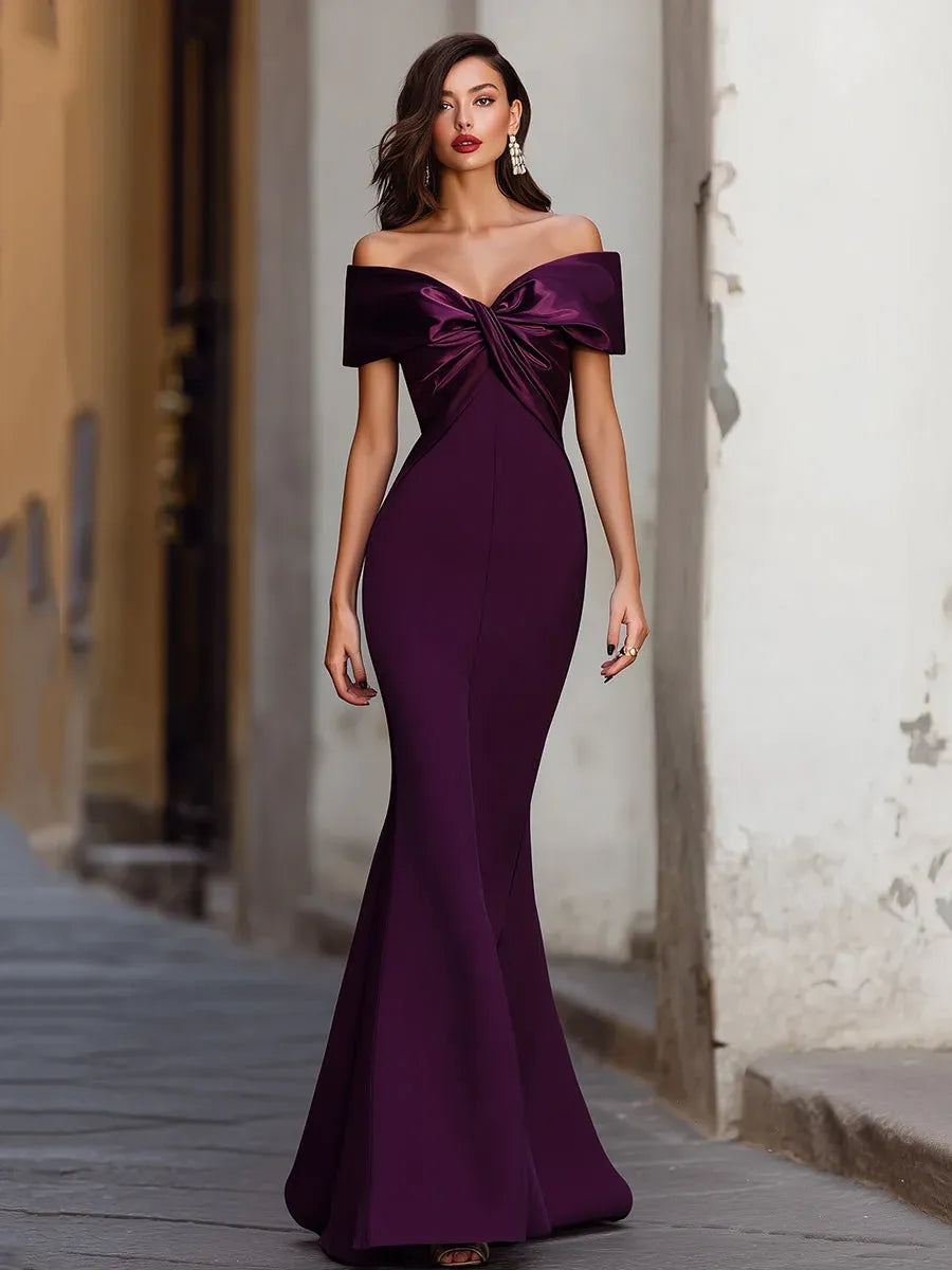 Glamorous Mermaid Satin Prom Dress With Off Shoulder Bow Ruched Silhouette For Prom Night