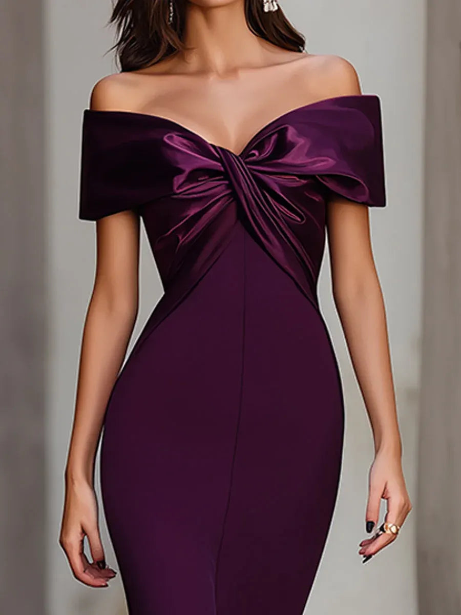 Glamorous Mermaid Satin Prom Dress With Off Shoulder Bow Ruched Silhouette For Prom Night