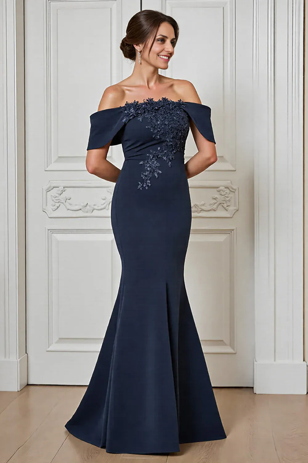 Mermaid Off the Shoulder Dropped Shoulder Sleeves Backless Floor-Length Mother of the Bride Dress