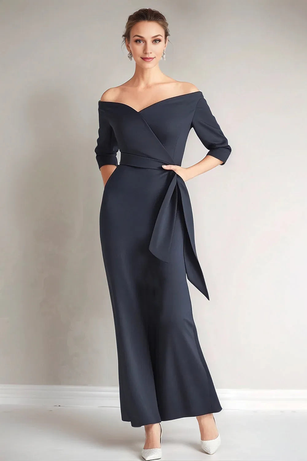 Mermaid Off the Shoulder Short Sleeve Zipper Up Floor-Length Mother of the Bride Dress