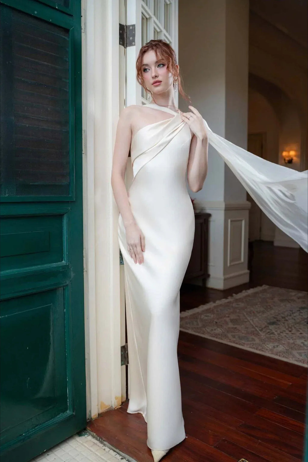 Ivory Mermaid One-Shoulder Chiffon-Drape Floor-Length Prom Dress