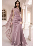 Romantic Mermaid One Shoulder Draped Cape Dusty Rose Floor Length Prom Dress
