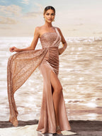 Mermaid One Shoulder Sleeveless Backless Sweep/Brush Train Prom Dress
