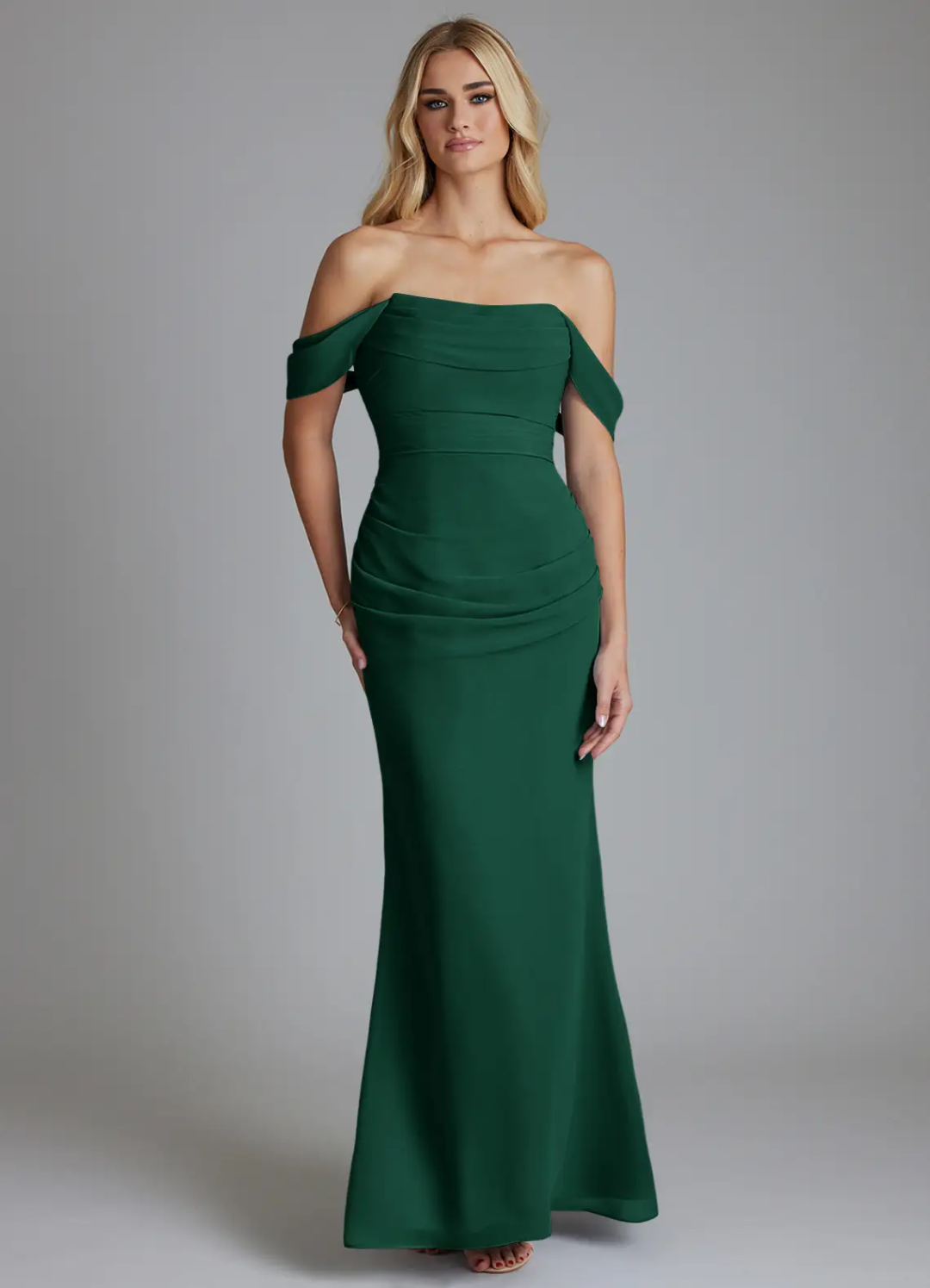 Elegant Mermaid Silhouette Off-The-Shoulder Ruched Back Zipper Floor-Length Bridesmaid Dress