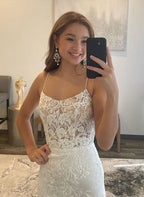 Elegant Mermaid Spaghetti Strap Corset Floral Lace White Floor-Length Prom Dress