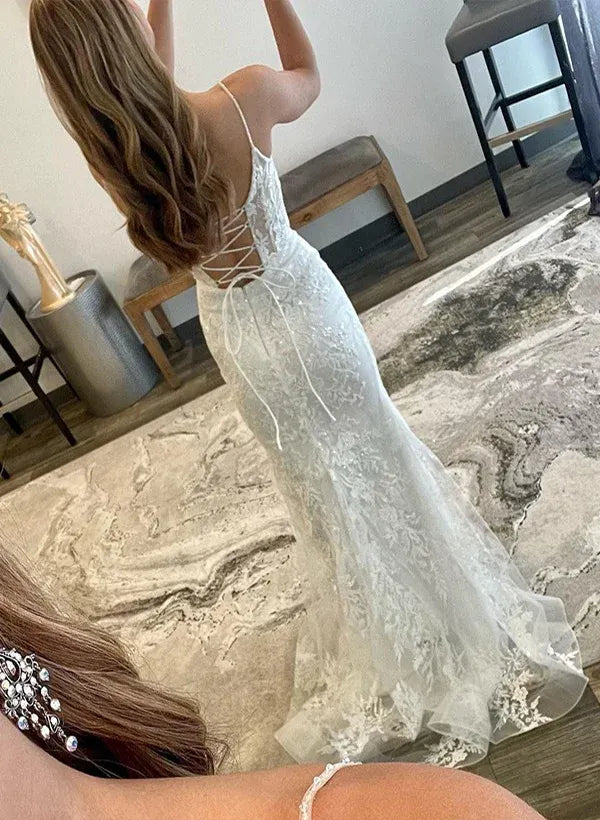 Elegant Mermaid Spaghetti Strap Corset Floral Lace White Floor-Length Prom Dress