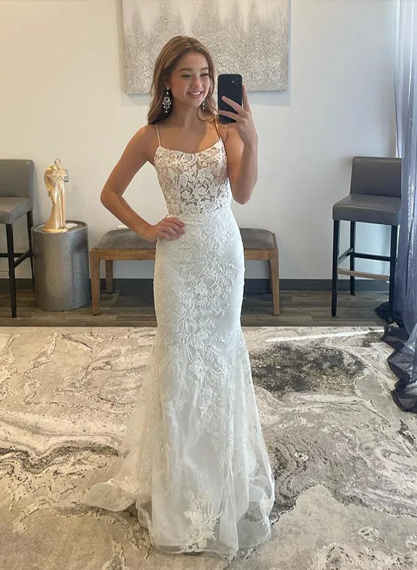 Mermaid Prom Dress With Spaghetti Straps And Lace Up Back Floral Lace Overlay White Train For Prom Night