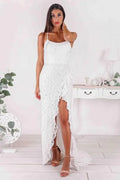 Elegant Mermaid Spaghetti Strap Lace Slit White Floor-Length Evening Dress For Bride
