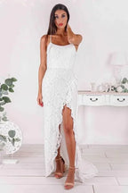 Elegant Mermaid Spaghetti Strap Lace Slit White Floor-Length Evening Dress For Bride
