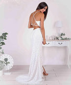 Elegant Mermaid Spaghetti Strap Lace Slit White Floor-Length Evening Dress For Bride