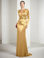 Elegant Mermaid Split Neck Long Sleeve Satin Gold Floor Length Evening Dress For Sale
