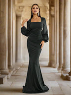 Mermaid Square Neck Bishop Sleeve Zipper Up Sweep/Brush Train Prom Dress