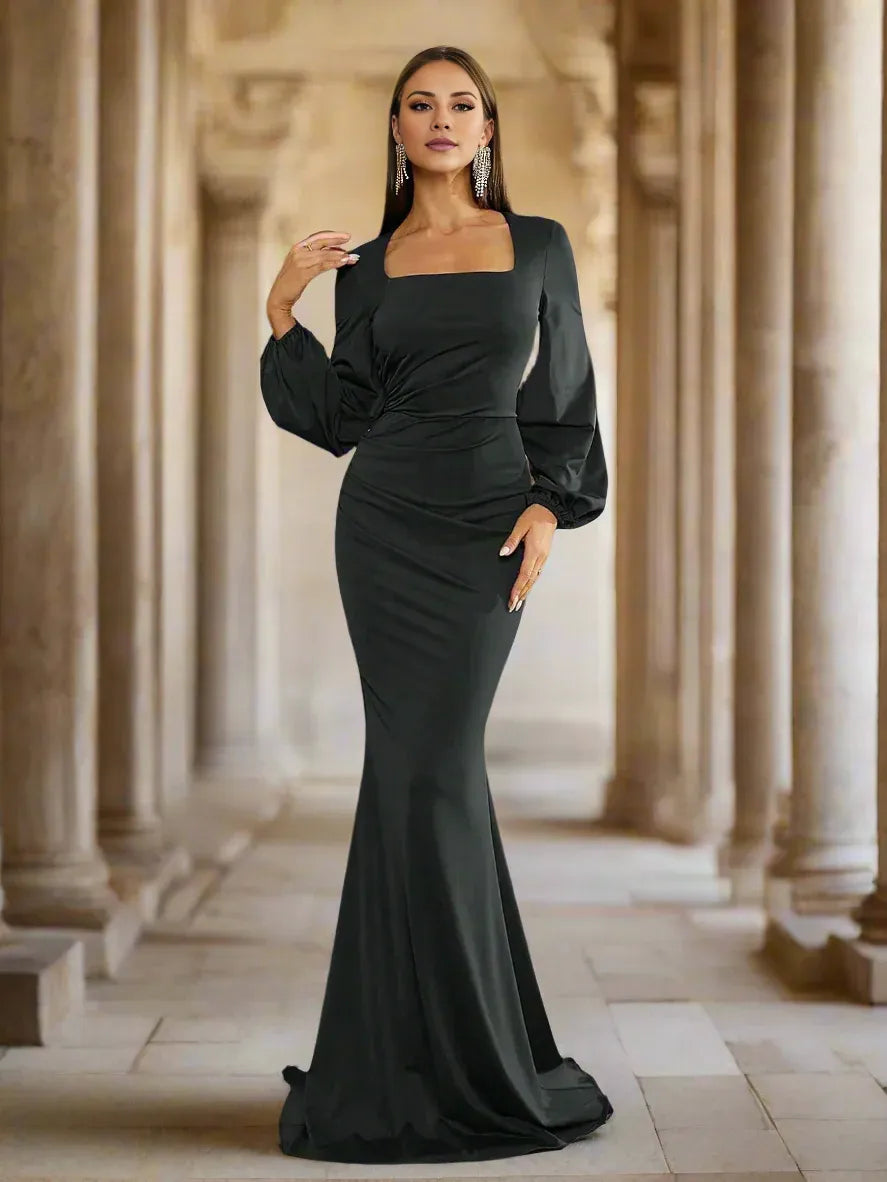 Mermaid Square Neck Bishop Sleeve Zipper Up Sweep/Brush Train Prom Dress