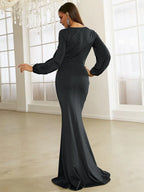 Mermaid Square Neck Bishop Sleeve Zipper Up Sweep/Brush Train Prom Dress