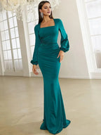 Mermaid Square Neck Bishop Sleeve Zipper Up Sweep/Brush Train Prom Dress