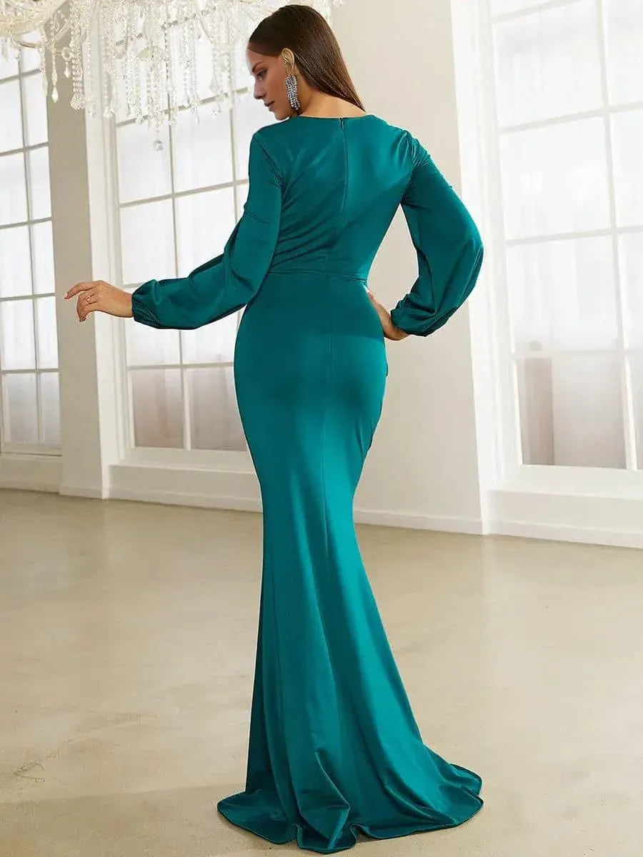 Mermaid Square Neck Bishop Sleeve Zipper Up Sweep/Brush Train Prom Dress
