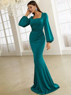 Mermaid Square Neck Bishop Sleeve Zipper Up Sweep/Brush Train Prom Dress