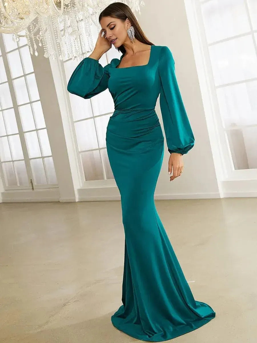 Mermaid Square Neck Bishop Sleeve Zipper Up Sweep/Brush Train Prom Dress