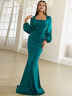 Mermaid Square Neck Bishop Sleeve Zipper Up Sweep/Brush Train Prom Dress